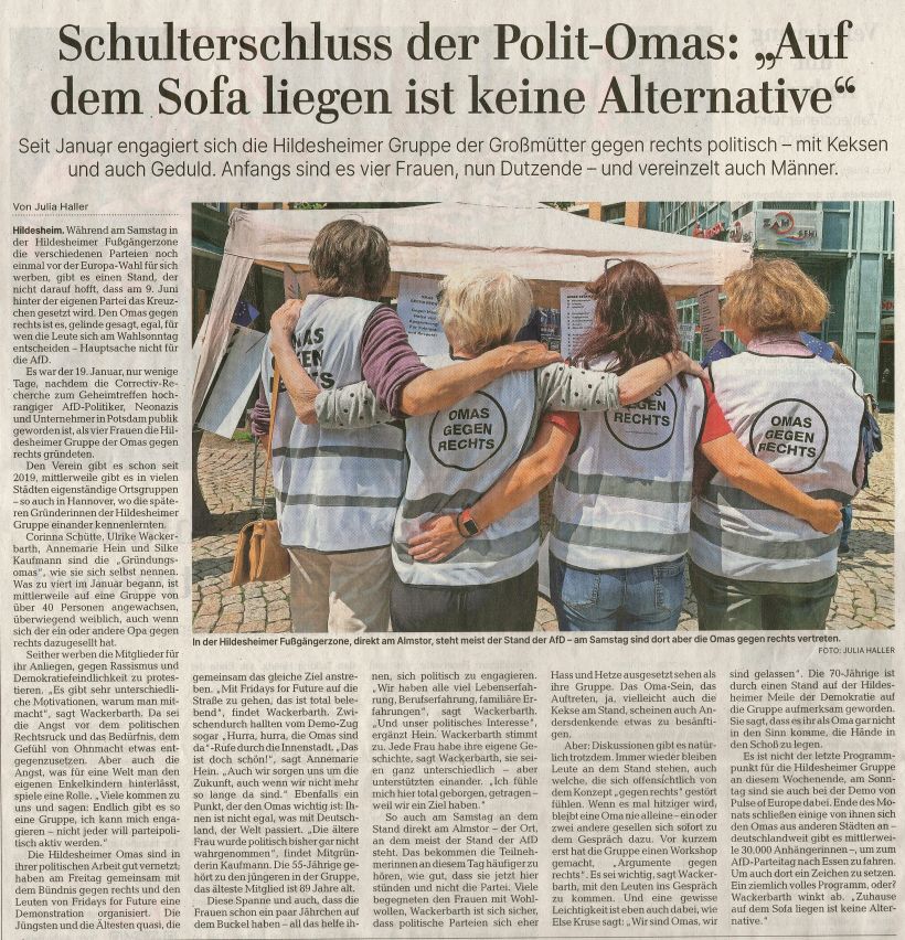Artikel über die OMAS GEGEN RECHTS in der Hildesheimer Allgemeinen Zeitung