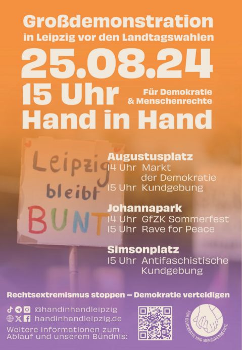 Plakat zur Ankündigung der Großdemo in Leipzig am 25. August 2024: „Hand in Hand für Demokratie und Menschenrechte“