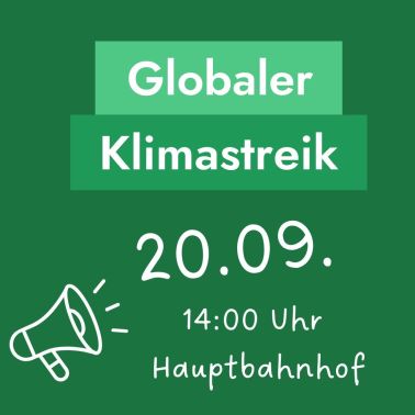Sharepic mit Aufruf zum Klimastreik: "Globaler Klimastreik. 20.09. 14:00 Uhr Hauptbahnhof