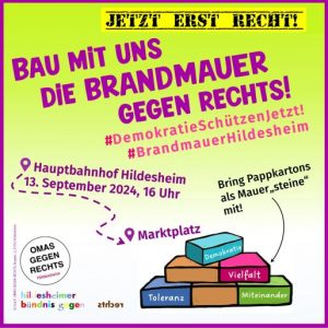 Jetzt erst recht! Bau mit uns die Brandmauer gegen Rechts! Hauptbahnhof Hildesheim 13. September 2024, 16 Uhr. Bring Pappkartons als Mauer„steine“ mit! Das Motto der OMAS GEGEN RECHTS: Demokratie schützen. Jetzt!