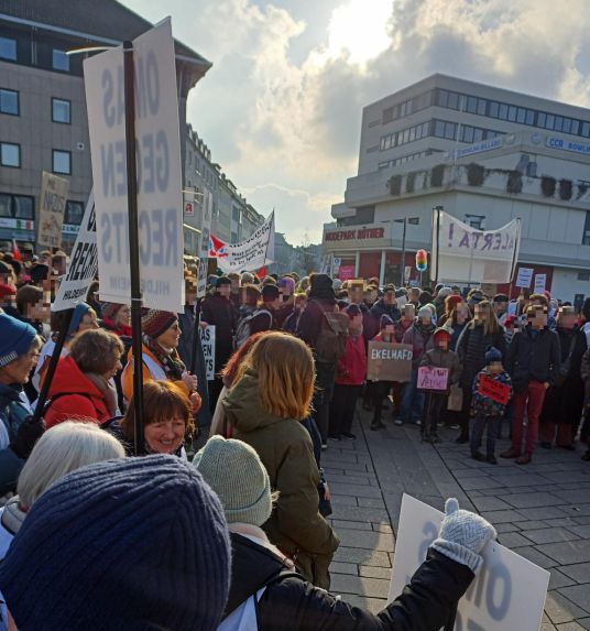 Auf dem Bahnhofsvorplatz in Hildesheim hört eine Menschenmenge der Abschlusskundgebung zu. Im Vordergrund sieht man Schilder der OMAS GEGEN RECHTS, im Hintergrund viele weitere Schilder.