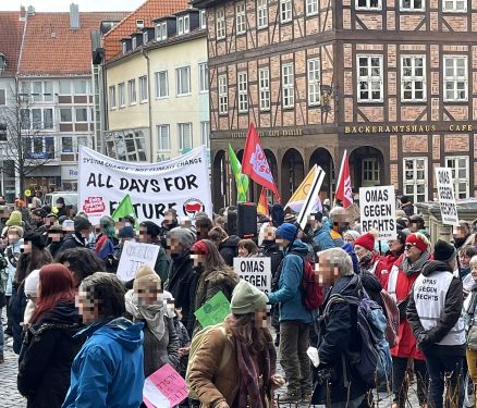 Viele Menschen auf dem Hildesheimer Marktplatz, im Hintergrund das Bäckeramtshaus. Über den Köpfen ragen Schilder hoch: "All days for future" und "Omas gegen Rechts", außerdem mehrere bunte Fahnen, deren Aufschrift man nicht lesen kann.