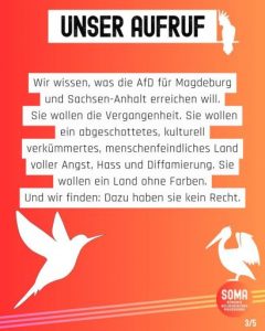 "Wir wissen, was die AfD für Magdeburg und Sachsen-Anhalt erreichen will. Sie wollen die Vergangenheit. Sie wollen ein abgeschottetes, kulturell verkümmertes, menschenfeindliches Land voller Angst, Hass und Diffamierung. Sie wollen ein Land ohne Farben. Und wir finden: Dazu haben sie kein Recht.