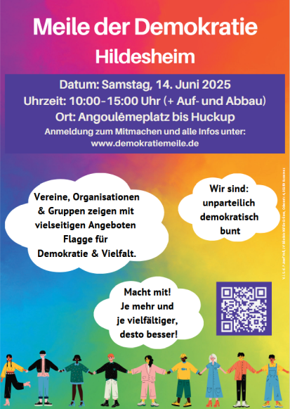 Einladung zur zweiten „Meile der Demokratie“ in Hildesheim. Samstag 14. Juni 2025, 10 bis 15 Uhr, Fußgängerzone von Angoulêmeplatz bis Huckup.