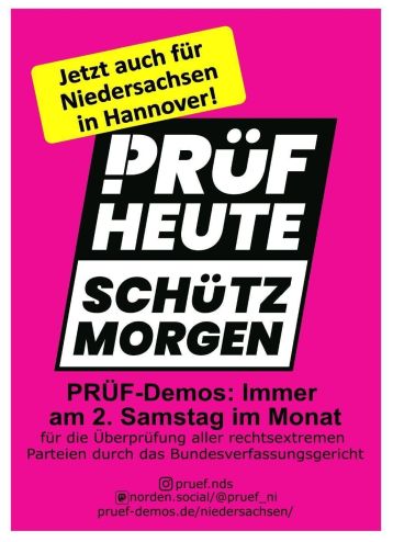 Werbung für die erste PRÜF-Demo in Niedersachsen/Hannover. PRÜF HEUTE, SCHÜTZ MORGEN!
