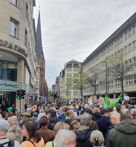 Ein sehr langer Demonstrationszug ist in einer Großstadt unterwegs und füllt die Straße, so weit das Auge reicht.
