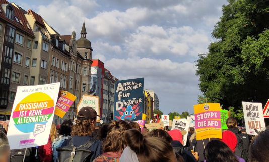 Demozug in der Stadt. Viele Demoschilder sind von der Sonne angeleuchtet: "Rassismus ist keine Alternative", "Stoppt die AfD", "Arschlöcher für Diktatur", "Björn Höcke ist ein Nazi".